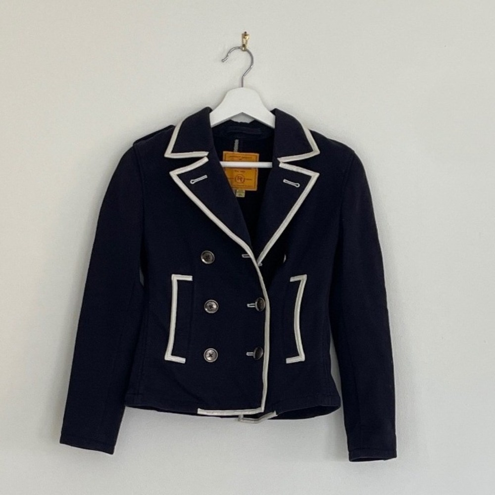 Purple & Yellow Navy Blue Nautical Double Breasted‎ Blazer Jacket XS White Trim